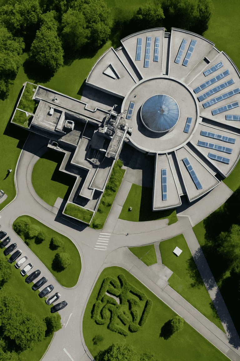 Aerial view of a modern circular building with radially arranged wings and solar panels on the roof, embedded in a green park landscape with paths, car parks and geometrically trimmed shrubs. The scene shows the ORF Regional Studio Styria in Graz-St. Peter from a bird's eye view in daylight.